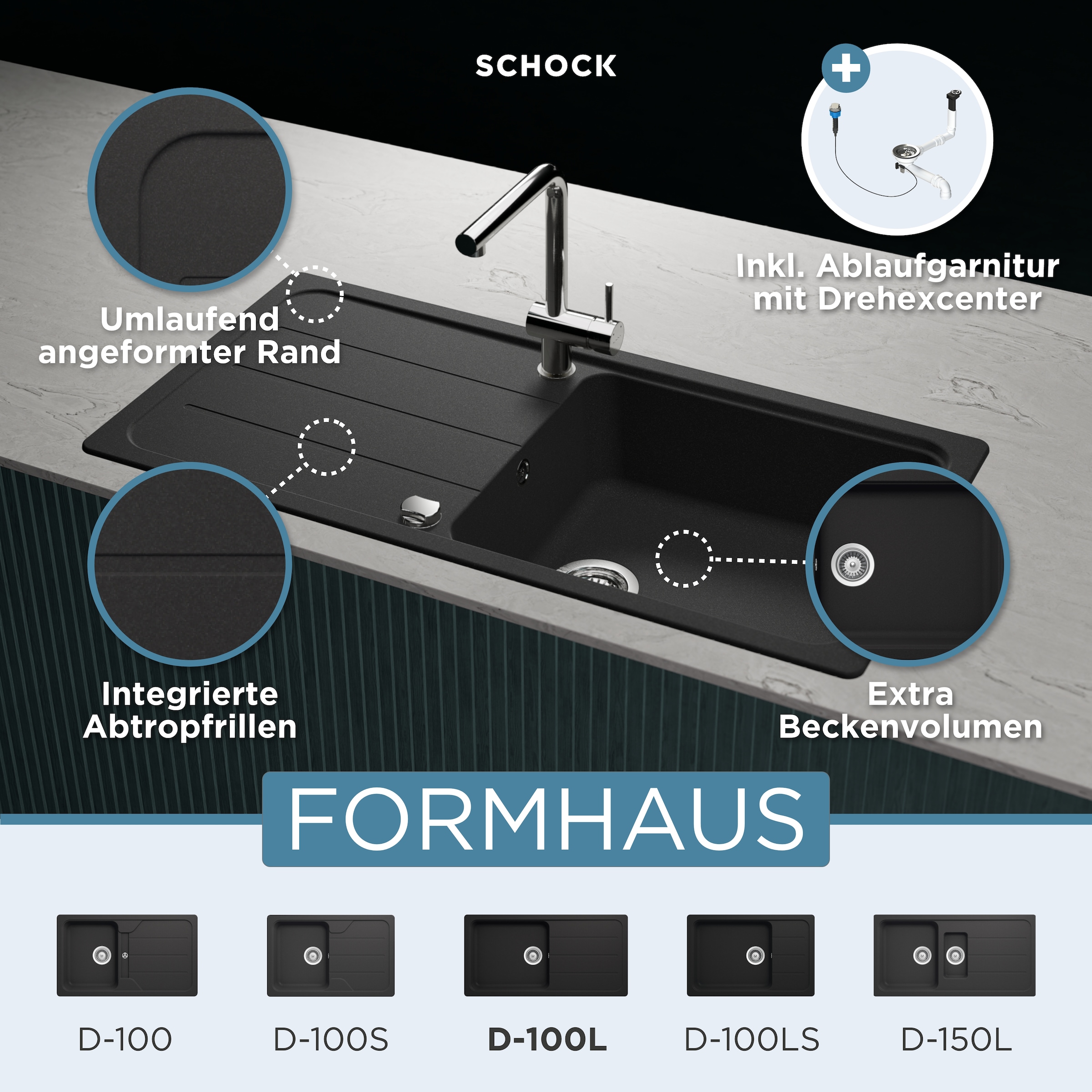Schock Granitspüle »COMO D-100L« Inklusive ab- und Überlaufgarnitur, Drehhexcenter, Diamantbohrer