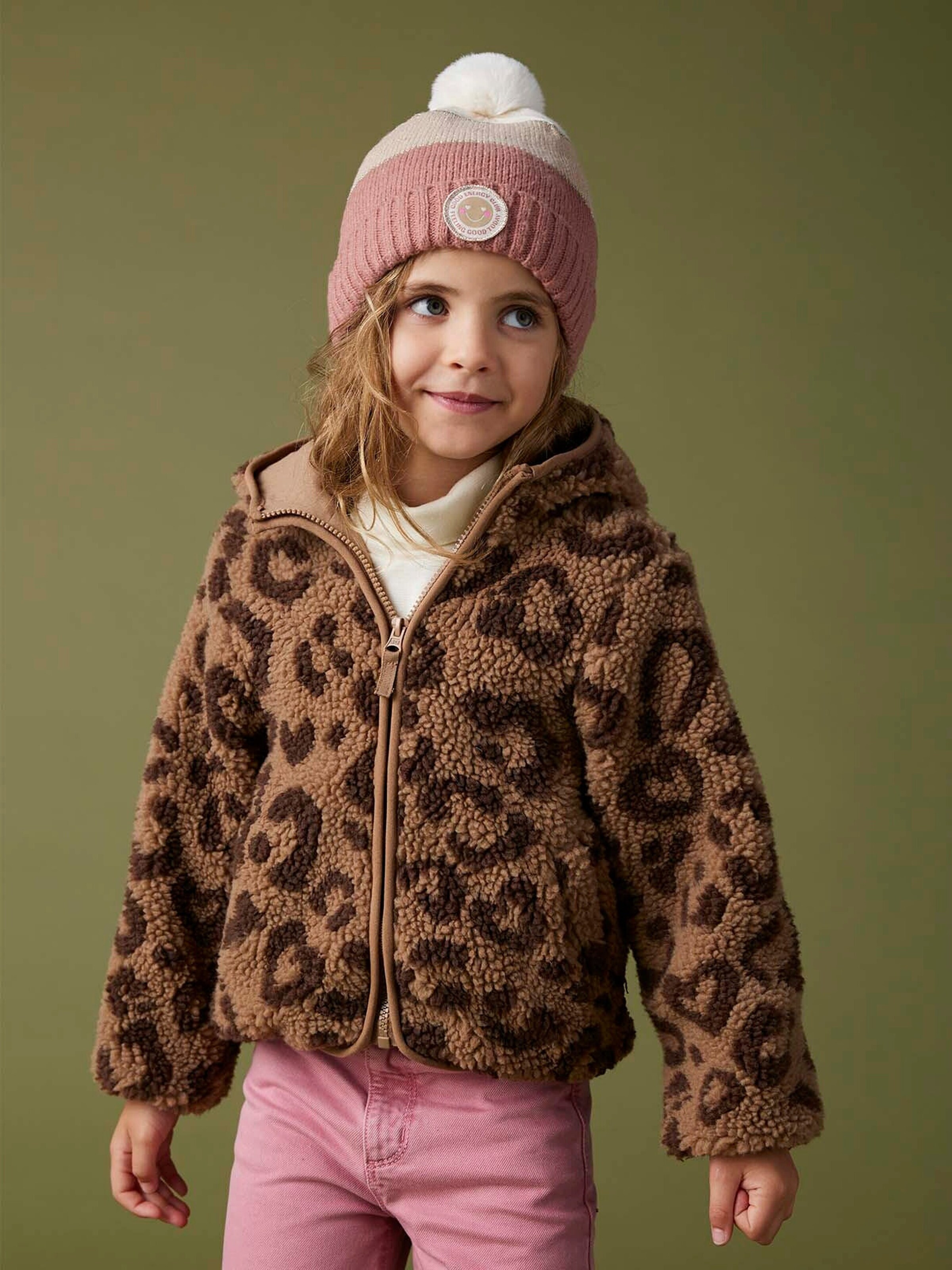 Vertbaudet Mädchen Teddyfleece-Jacke mit Kapuze und Leopardenmuster braun bedruckt