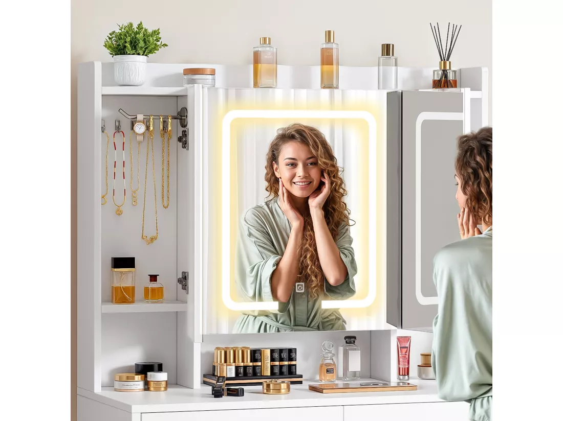YITAHOME Coiffeuse avec Miroir LED à Luminosité Réglable - Coiffeuse avec 5 Étagères et 2 Tiroir set de Rangement - Blanc