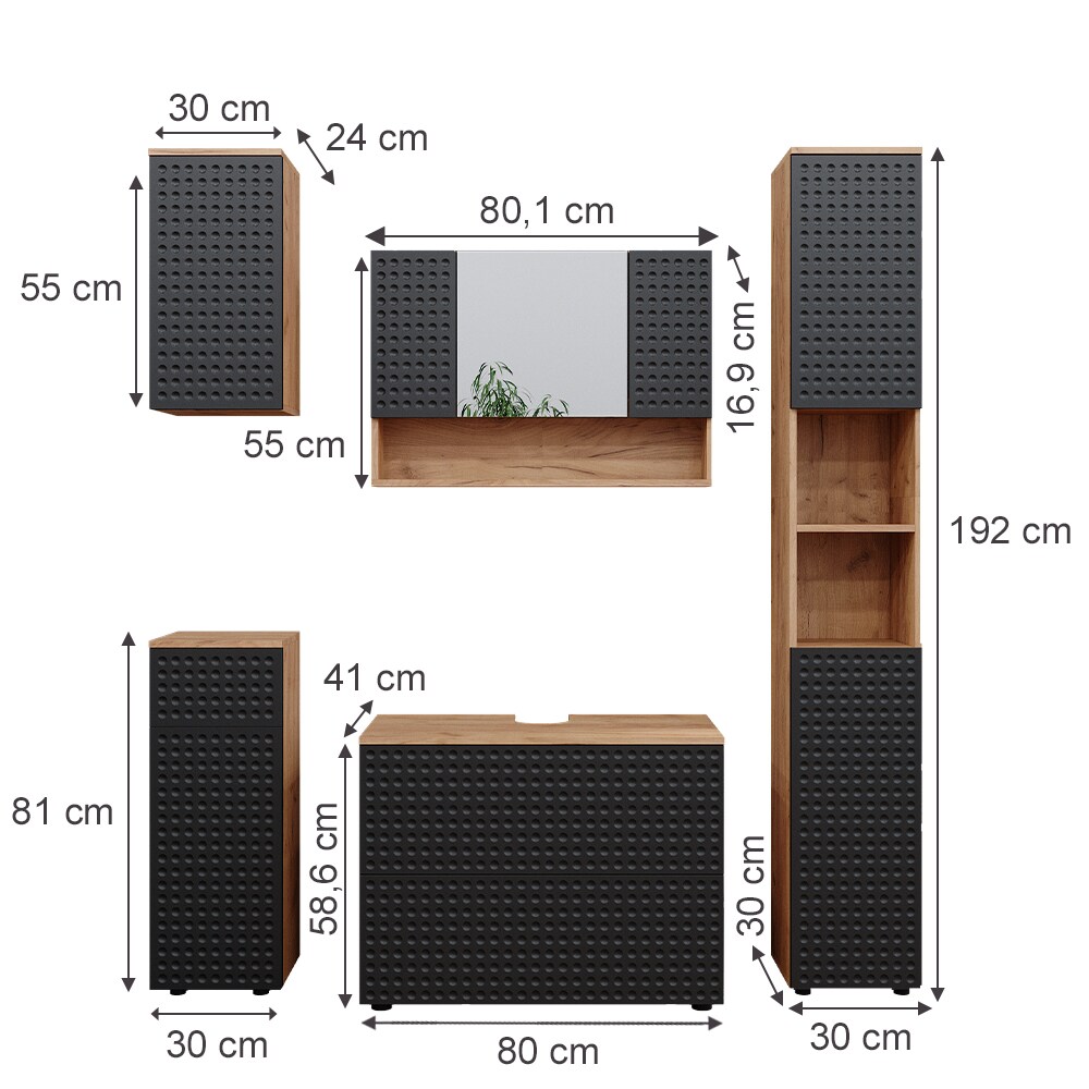 Vicco Badmöbel-Set Irma Eiche Anthrazit 5-teilig Hochschrank Midischrank 81 cm