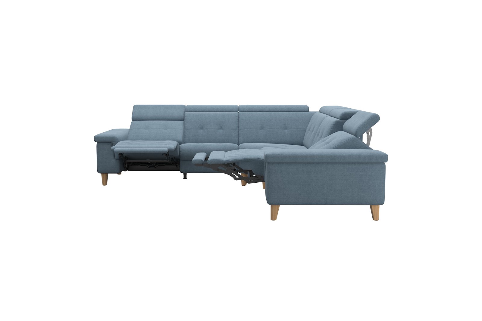 Anna C22 hjørnesofa (PMCMP) Tekstil Dahlia Light Blue med A2 arm og eikbeisede skrå ben, 14 cm. (Power-Manual-CornerManual-Manual-Power)