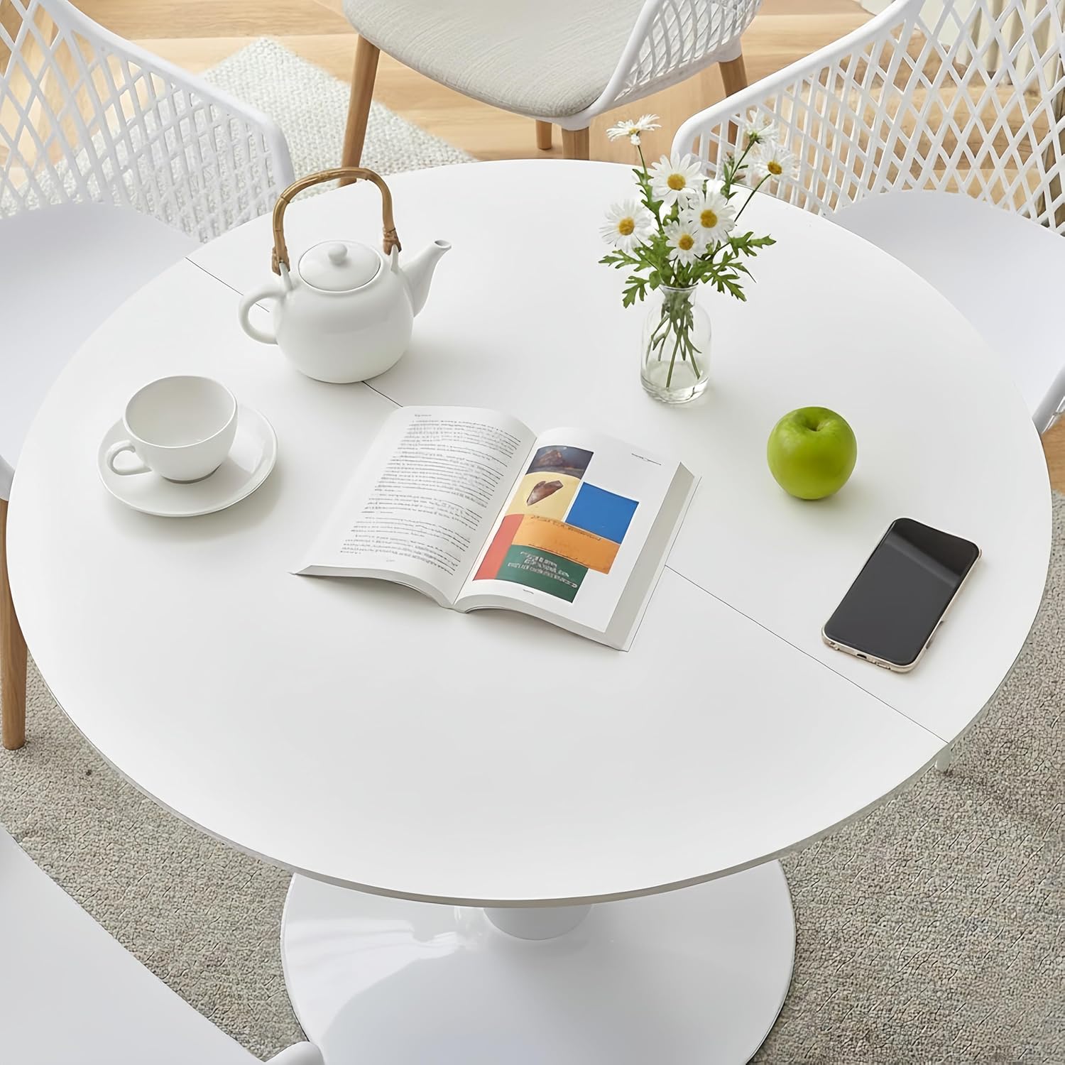 Esstisch Rund 110 cm – Moderner Runder Esstisch, Küchentisch Rund im Tulpendesign für 4–6 Personen, Wohnzimmer Tisch Bistrotisch Gartentisch MDF Holz mit Fester Standfläche, Weiß