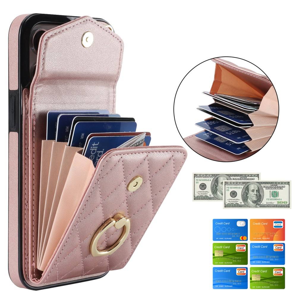 iPhone 15 Pro Necklace Leder Hülle mit Kartenfächer   Finger Griff Halterung   Handykette (RFID Schutz) - Roségold