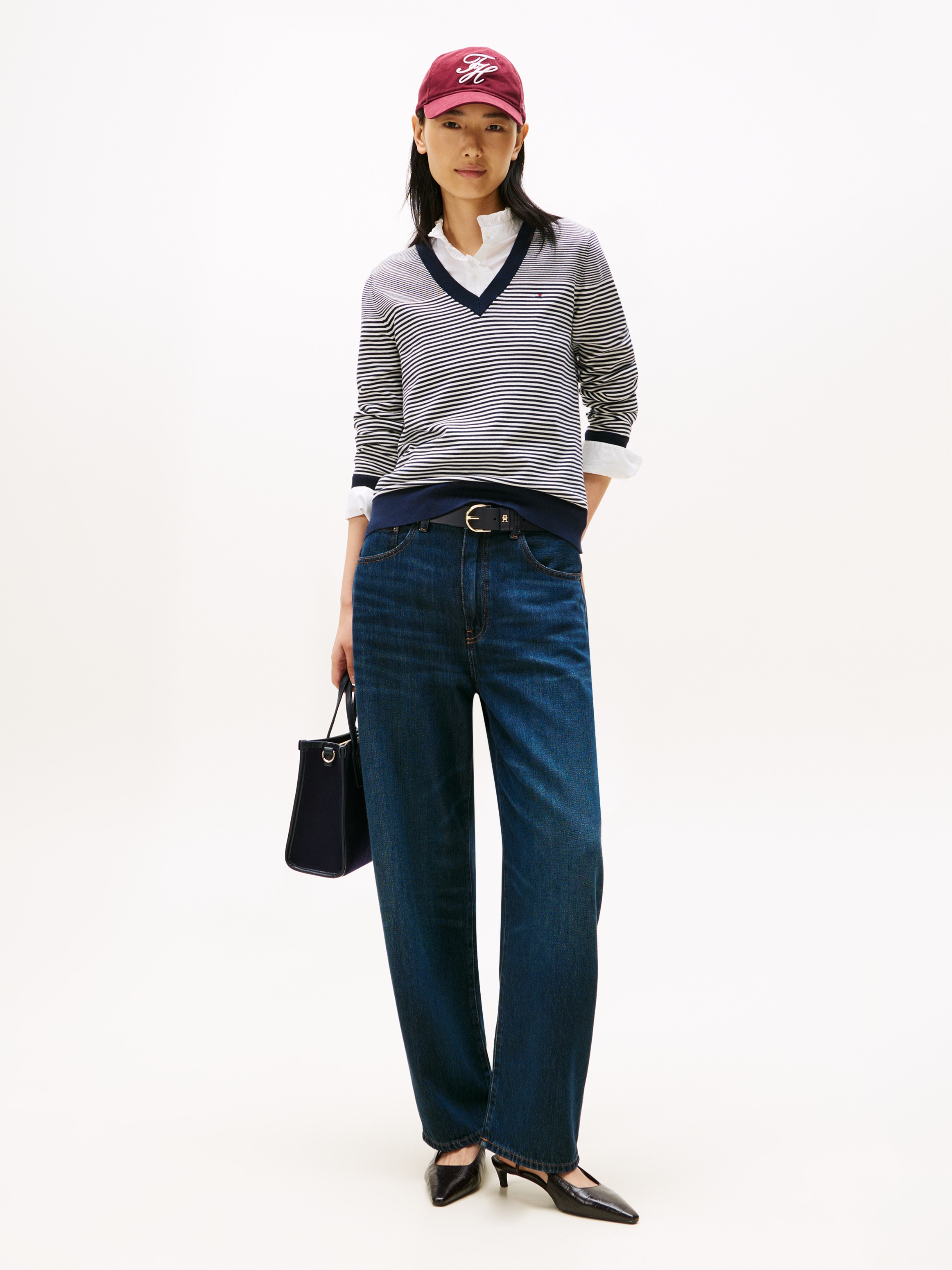 Tommy Hilfiger V-Ausschnitt-Pullover »CO JERSEY STITCH V-NK SWEATER mit V-Ausschnitt und Ripp«, Baumwollmischung