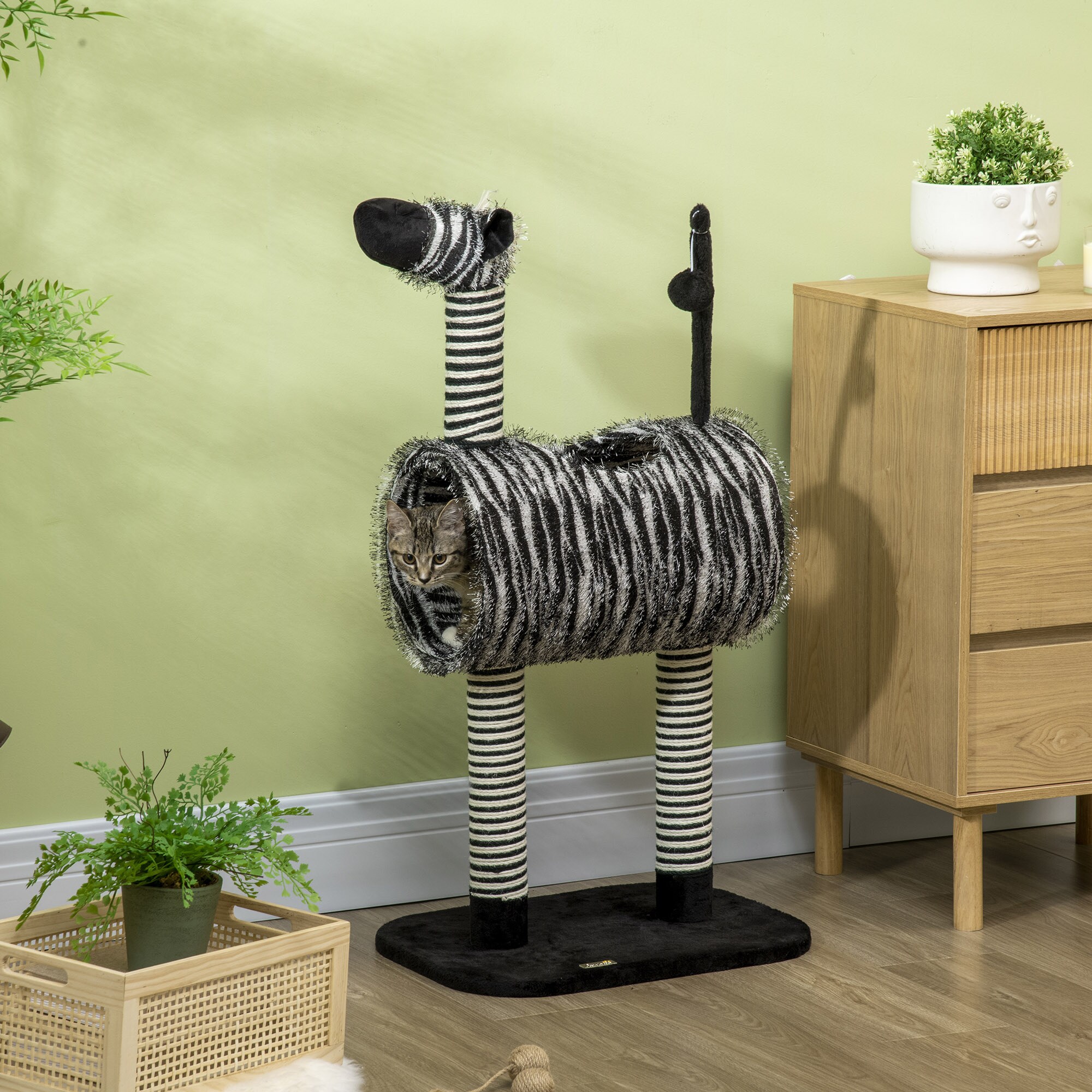 PawHut Kratzbaum mit Katzentunnel schwarz, weiß 48,5L x 35B x 93H cm