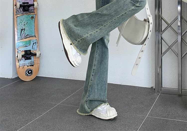 Hanji - Low Rise Washed Frayed Flared Jeans