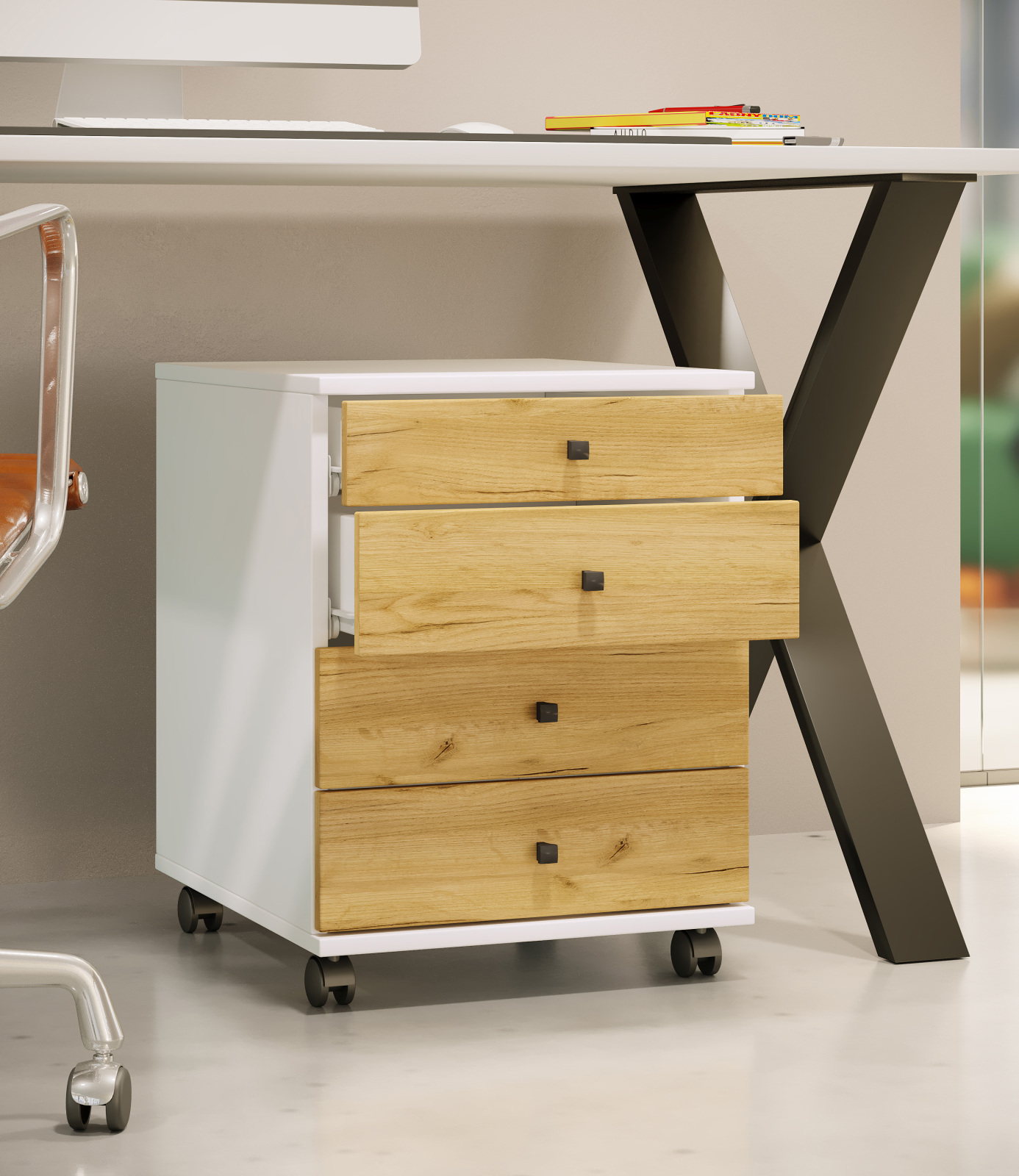 Rollcontainer LONA MINI - weiß-Honig Eiche - 4 Schubladen