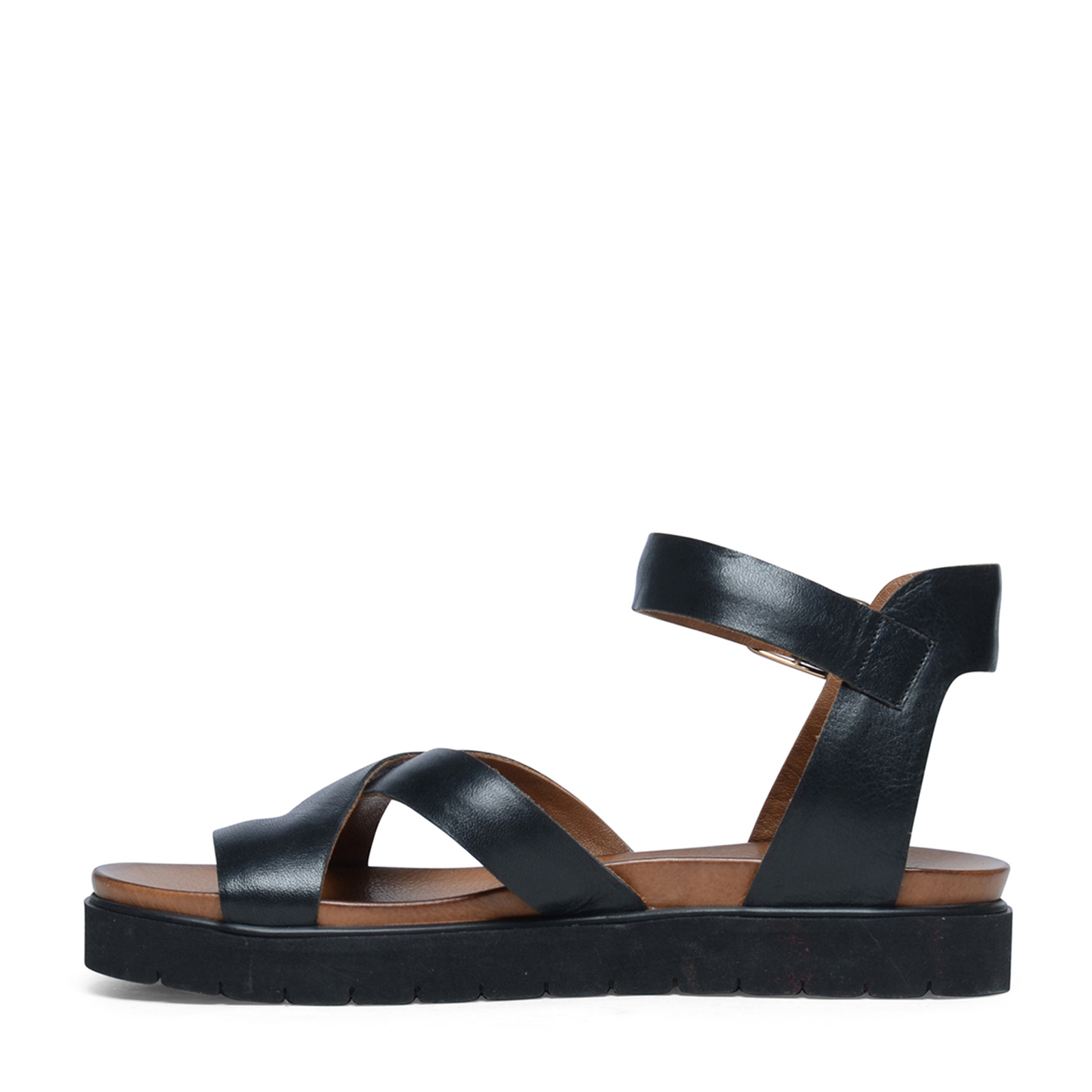 Zwarte leren plateau sandalen met gespsluiting