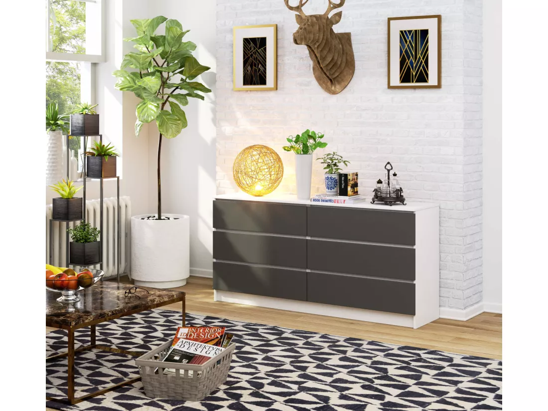 Grande Commode pour le salon AKORD K160 Blanche 160 cm 6 tiroirs façade Gris Graphite 160x40x77 cm