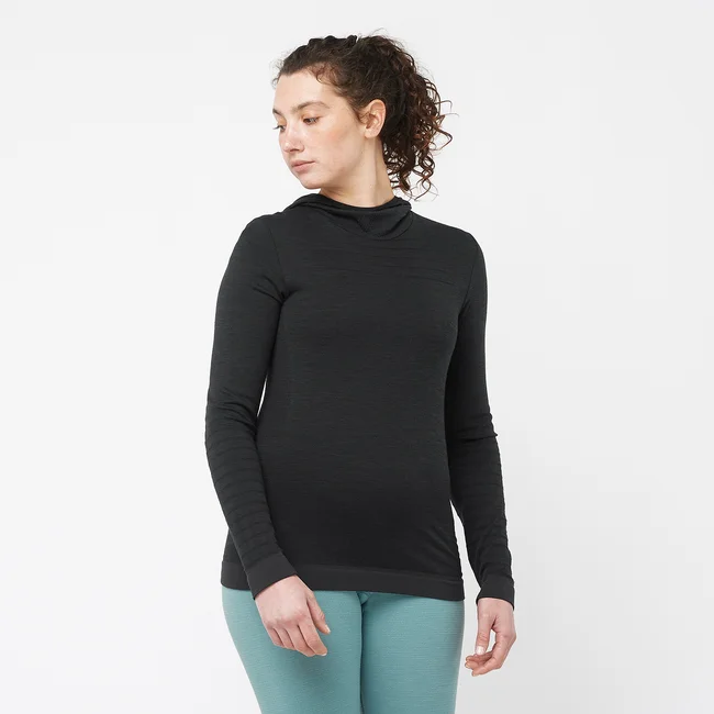 ESSENTIAL WOOL  Langarmshirt mit Kapuze Damen DEEPBLACK
