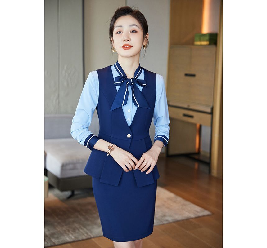 Skyheart - Effen peplum vest met één knoop / Mini-kokerrok met hoge taille / Shirt met contrasterende rand en strikhals