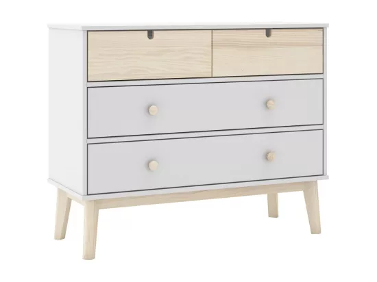 KAINA - Pack Lit 90x190cm + Chevet 2 Tiroirs + Commode 4T Coloris Blanc et Naturel