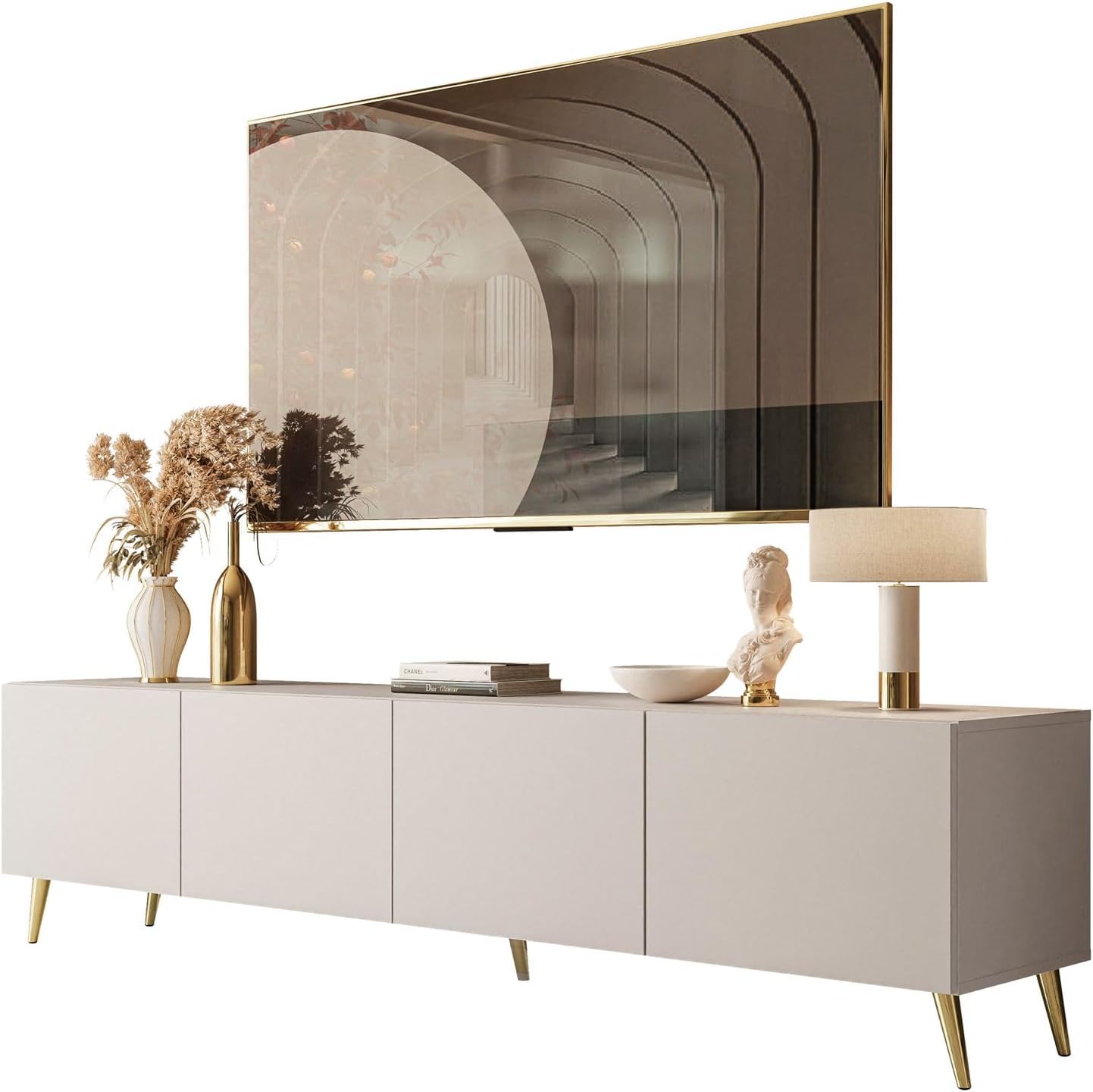 Lookway Moderner TV-Schrank in Kaschmir matt auf schrägen Onyx-Beinen – COLGANTE 200 cm (Beine: Gold Chrom)