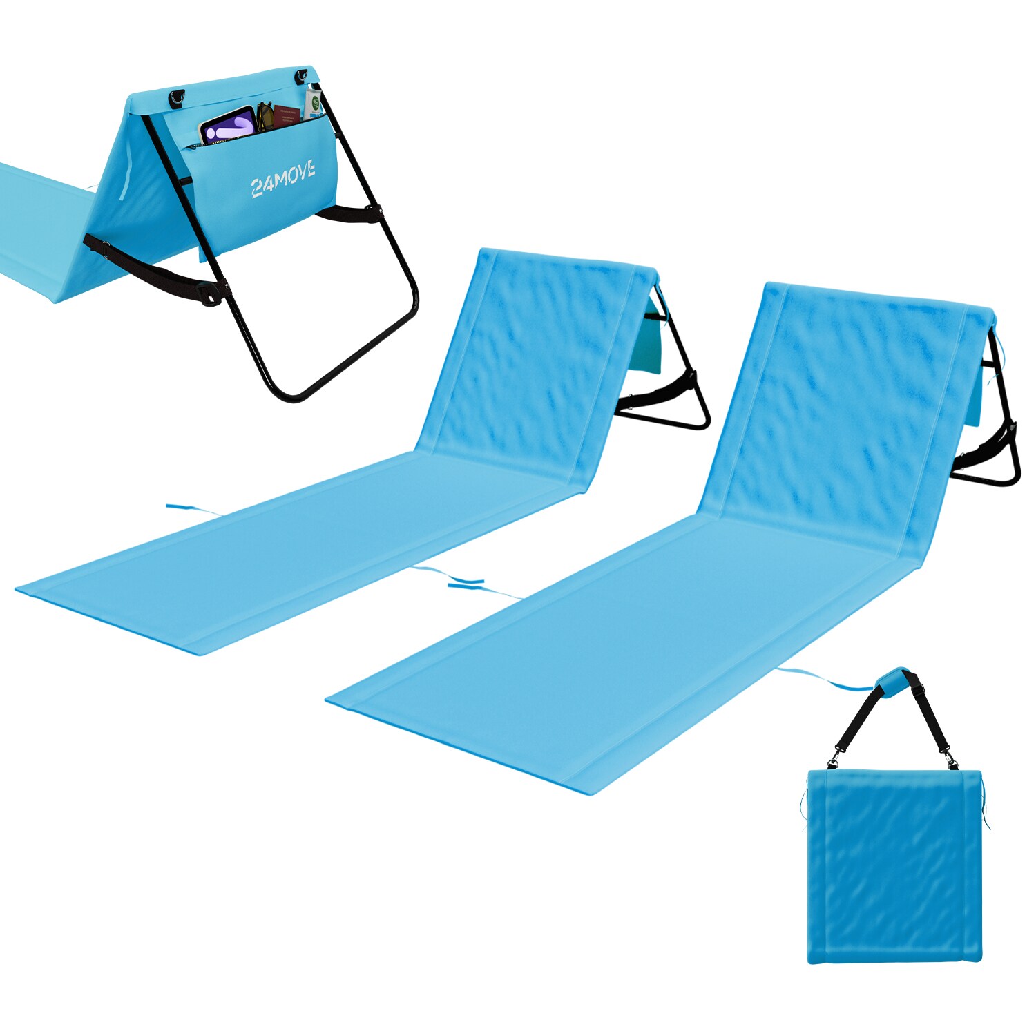24MOVE® Strandmatte 2er Set klappbar mit Rückenlehne, Strandliege mit Gurt, tragbar für Strand und Garten, Liegematte blau