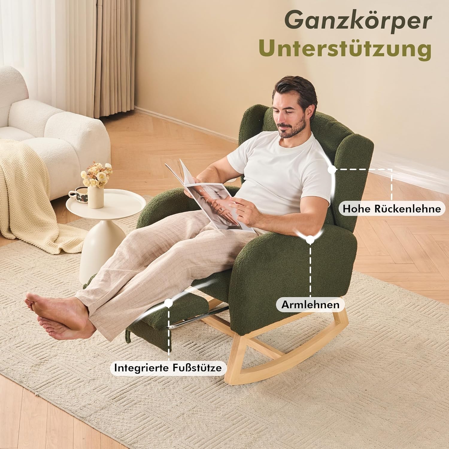 Schaukelstuhl mit Fußstütze, Großem Sitz und Seitentasche, Hoher Rückenlehne Rocking Chair für Wohnzimmer Innen, Stillsessel Stillstuhl mit Ausziehbarer Beinauflage, Teddy-Stoff, Grün