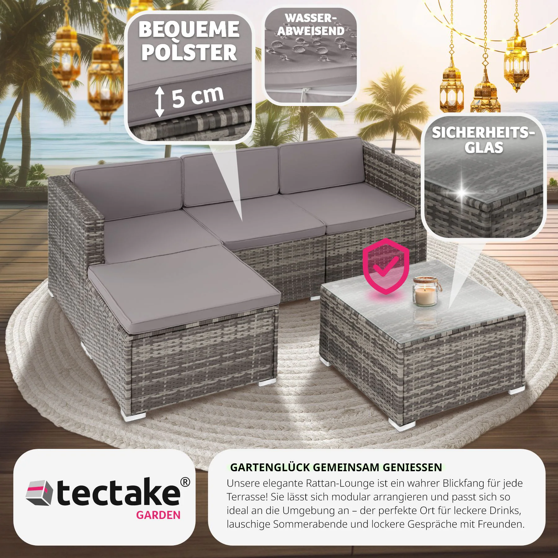 tectake® Rattan Lounge, für 3 bis 4 Personen, UV-beständig, variabel aufstellbar