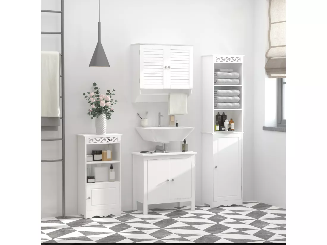 Armoire haute murale salle de bain ou WC - placard 2 portes persiennes avec étagère - porte-serviette - MDF blanc