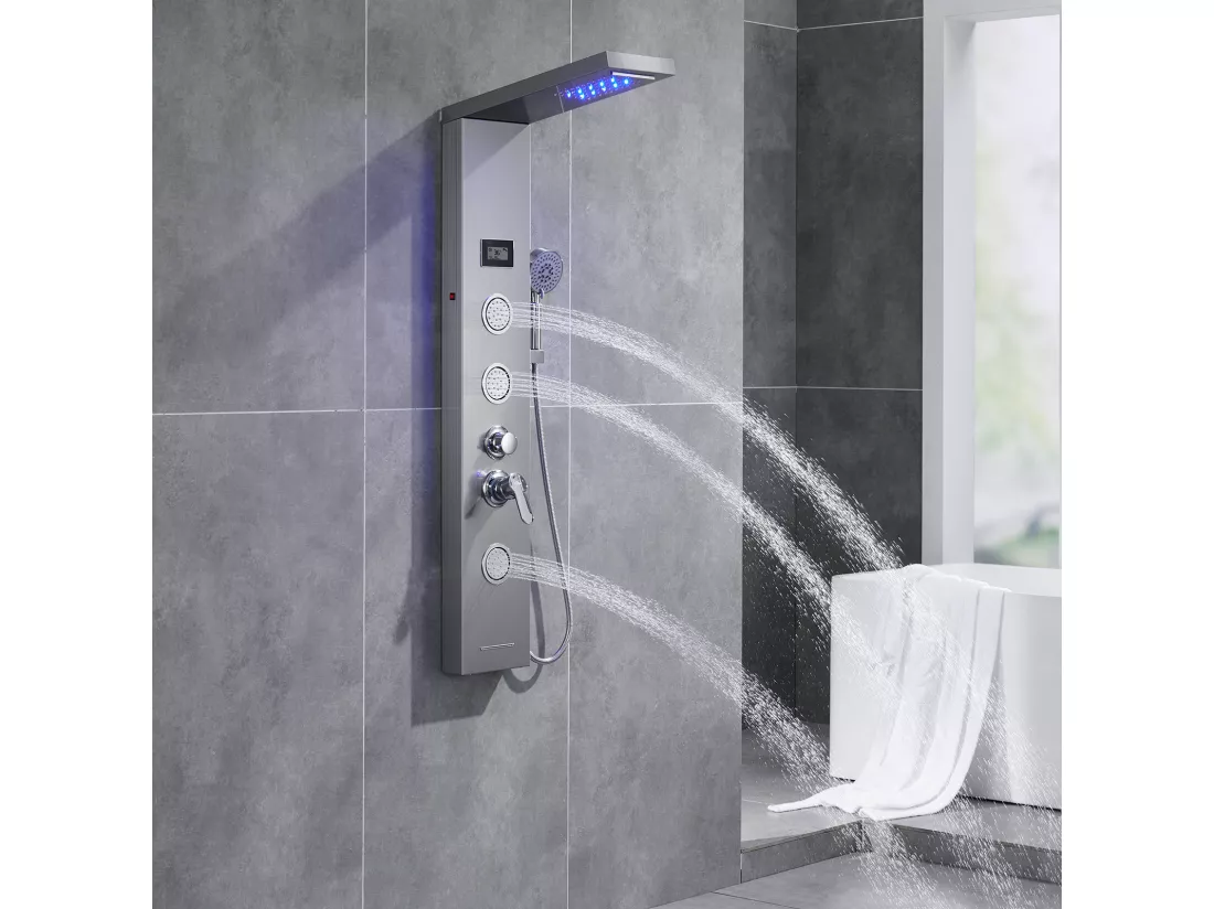 AURALUM MAX Panneau de Douche Colonne de Douche Hydromassante LED Panneau de Douche en Acier Inox Brossé avec 3 Jets de Massage pour Salle de bain