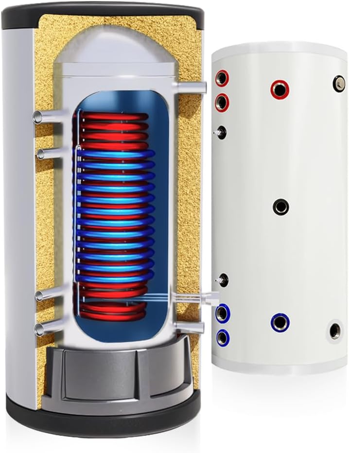 TECHGLOBE - Brauchwasserspeicher mit 2 Wärmetauscher (1.8 + 2.4 m²) - Komplett aus Edelstahl - Energieeffizient Warmwasserspeicher- mit 50mm Isolierung (200 L)