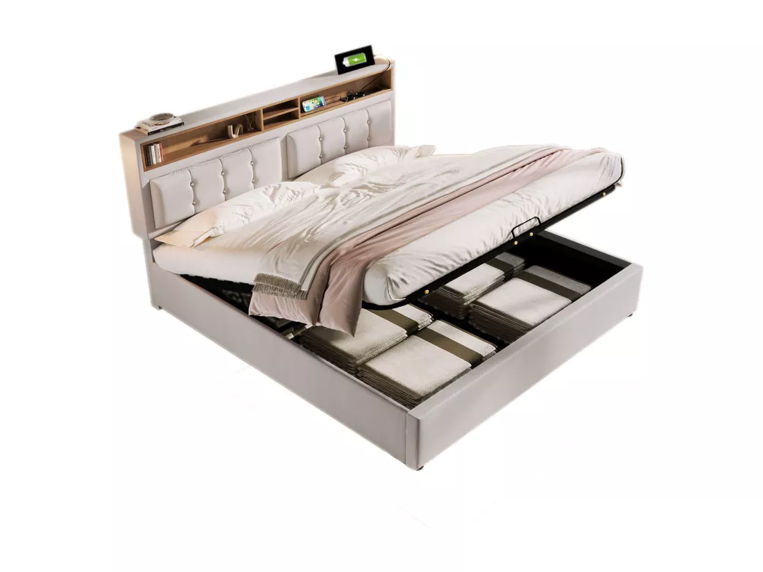 Lit coffre 140x200 cm en tissu lin - tête de lit réglable avec prises - avec sommier à lattes - Beige