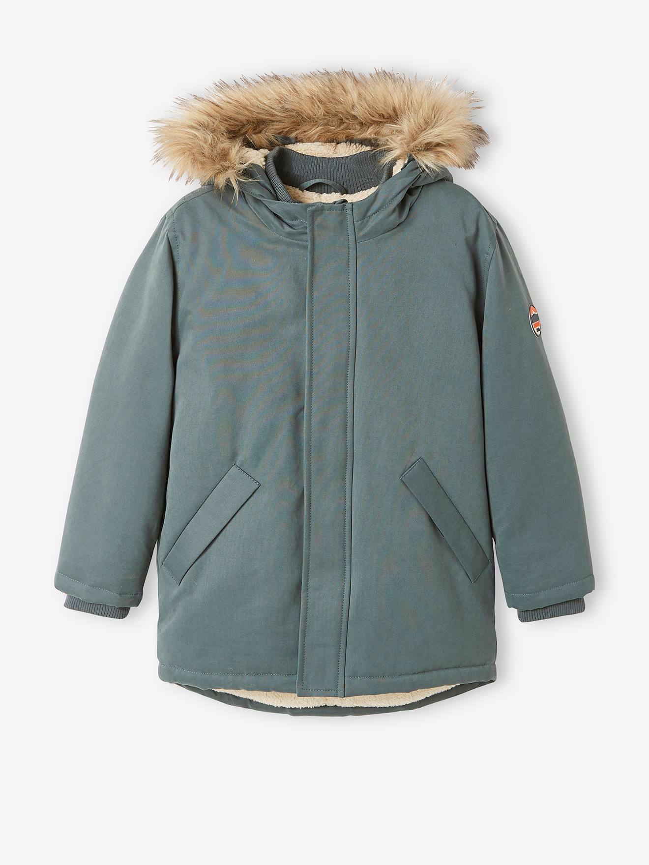 Parka com capuz e forro de sherpa, enchimento de poliéster reciclado, verde médio liso com motivos para meninos