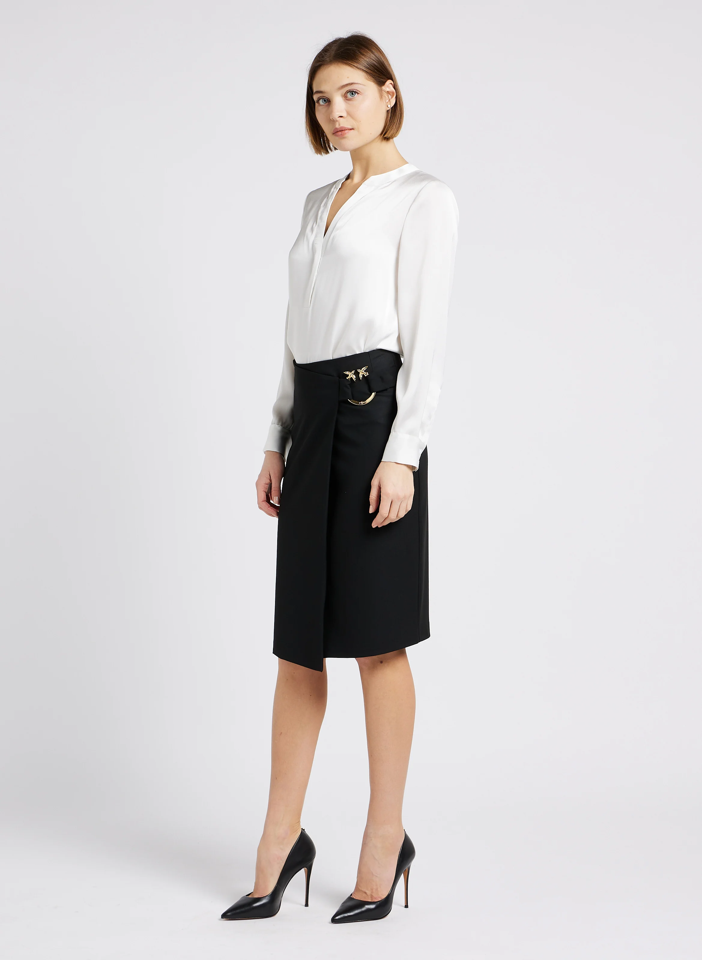 MARIE - Blouse droite col tunisien satinée | Blanc