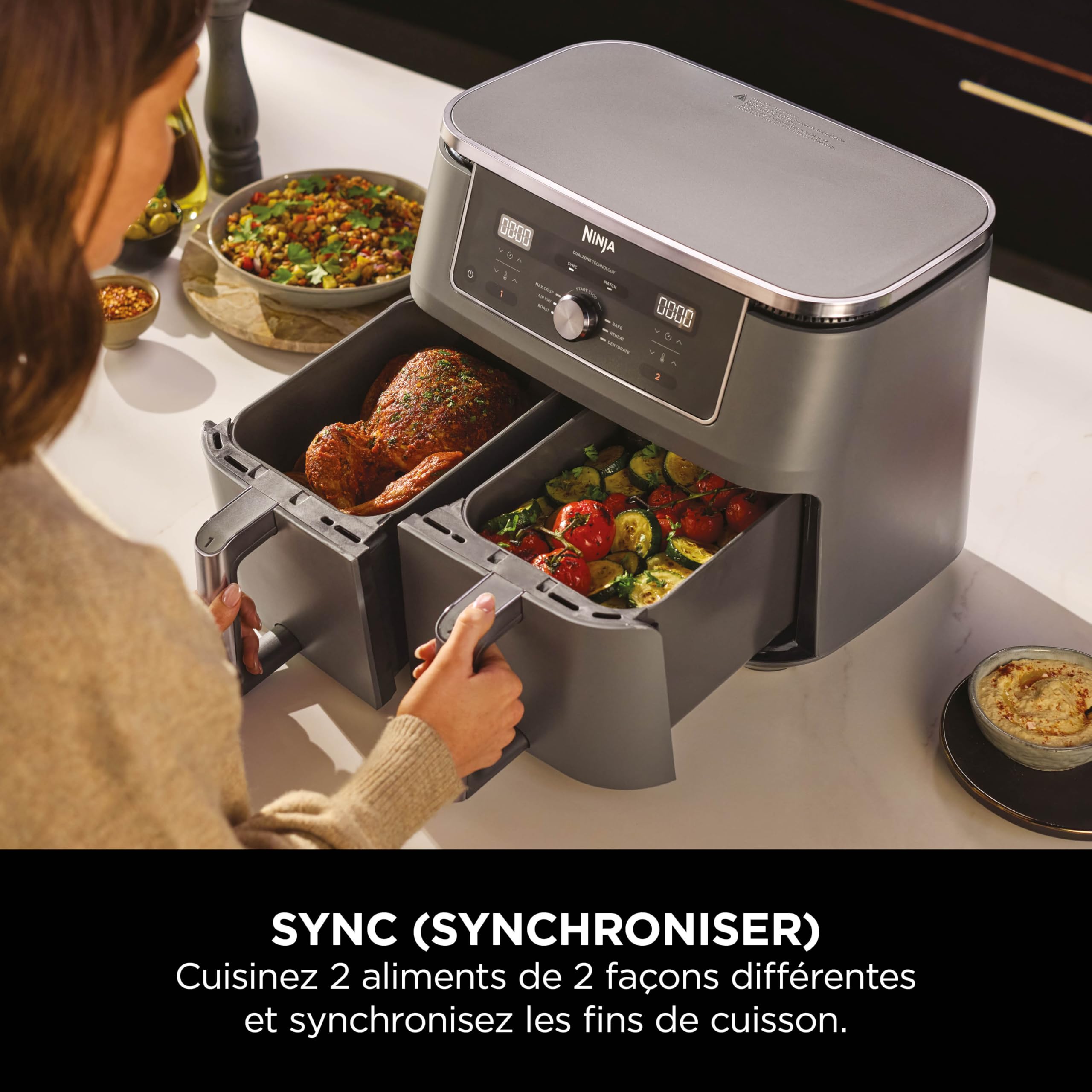 NINJA Dual Zone Max Air Fryer 2 Compartiments, Capacité Familiale de 9,5L, Max 240°C, Air Fryer 6-en1, Pièces Antiadésives Amovibles Lavables Au Lave-