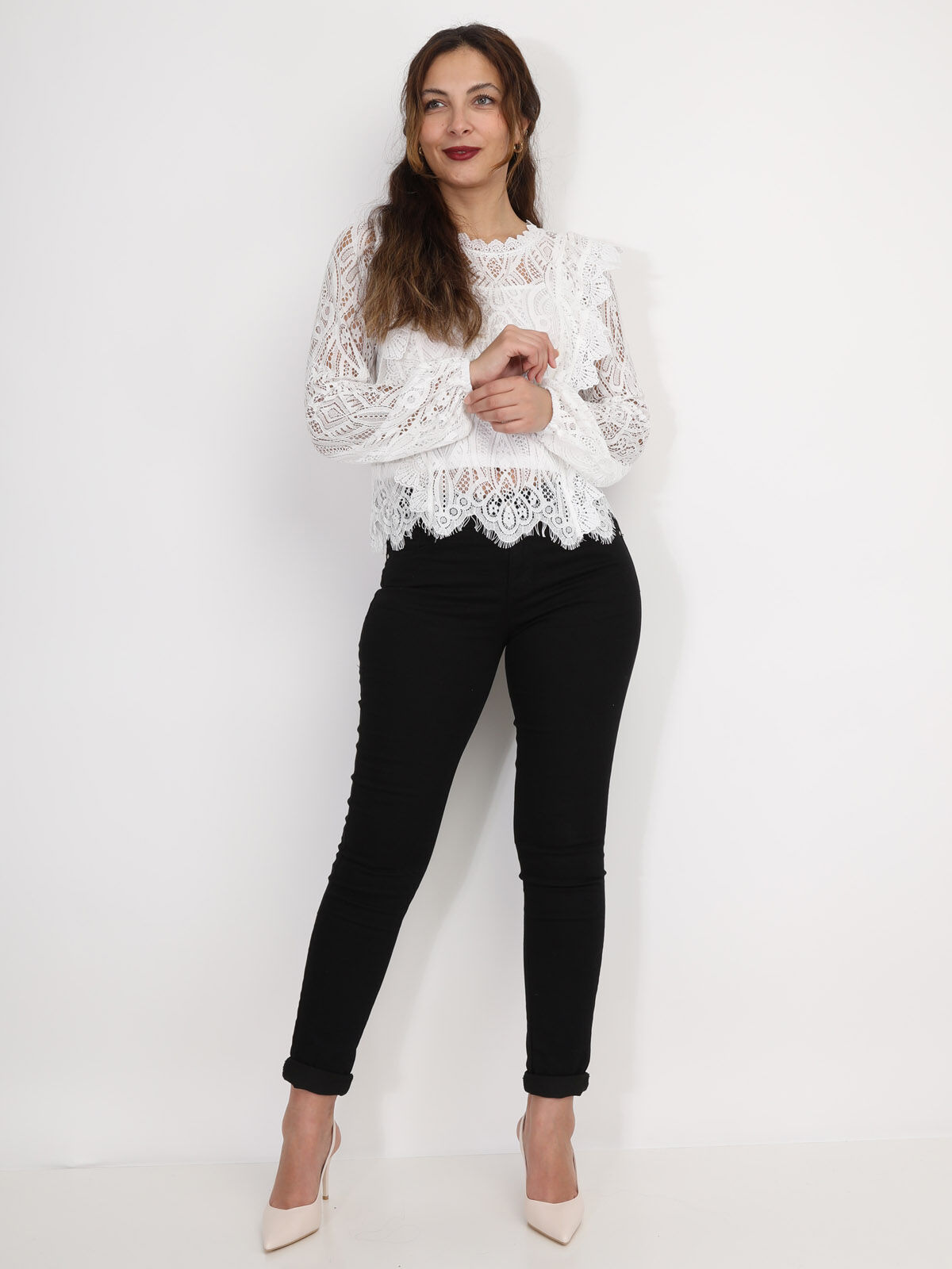 Blouse en dentelle crochet à volants- Blanc