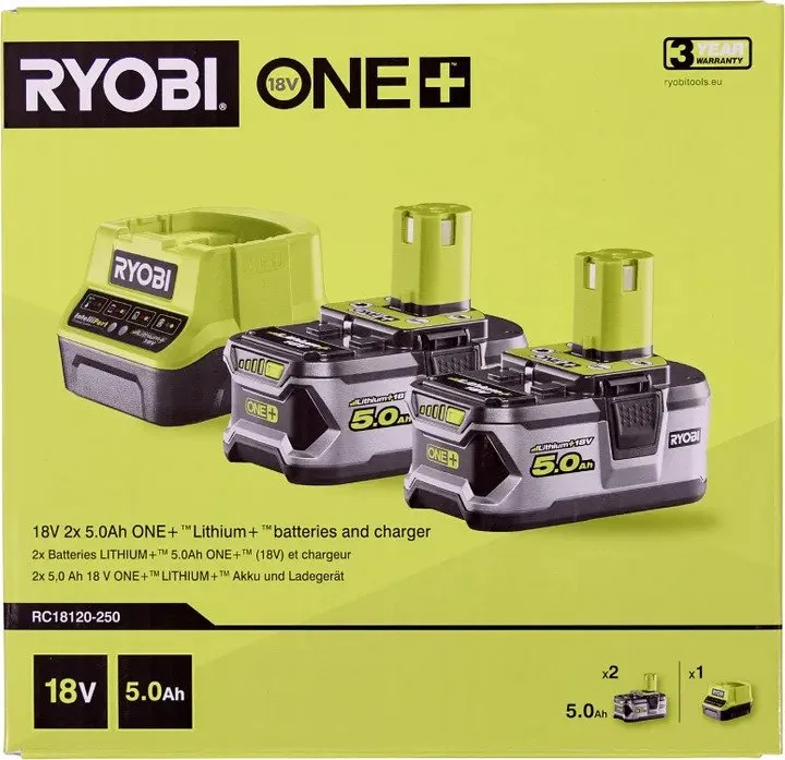 Ryobi RC18120-250, Genopladeligt batteri, Lithium-Ion (Li-Ion), 18 V, 2 stk, 5000 mAh, Høj