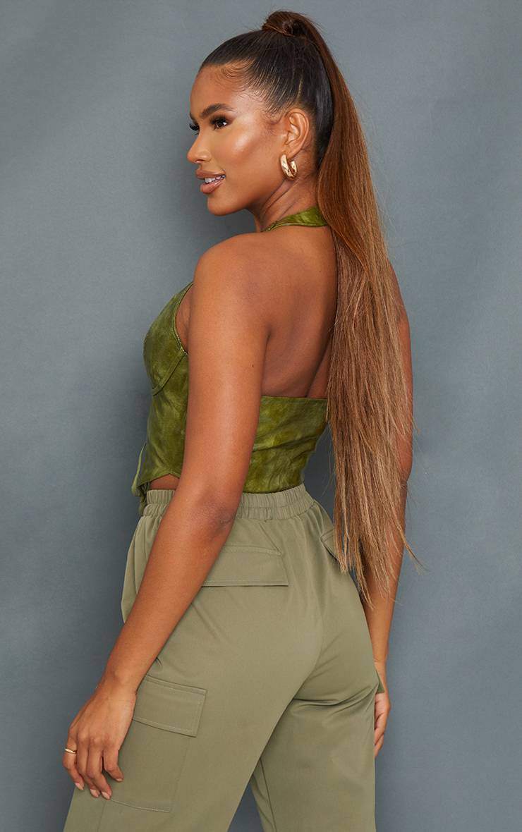 Vert Olive Top Col Licou Plongeant À Laçage En Synthétiquecuir Effet Lavé