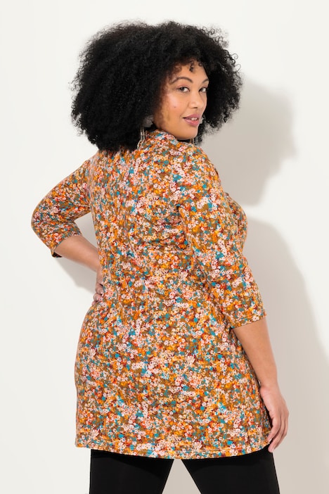 Longshirt, Blüten, A-Linie, Rundhals, 3/4-Arm