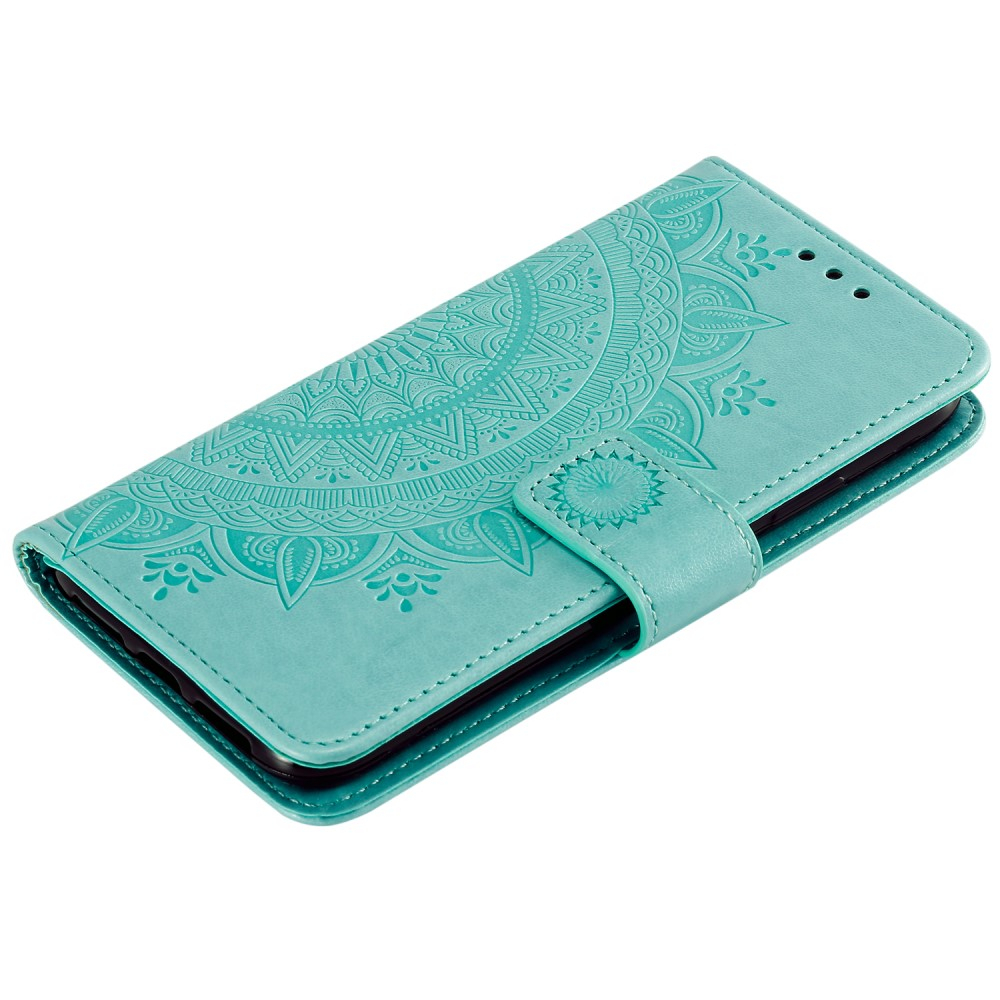 iPhone 13 Leder Tasche Wallet - Mandala Flowers Imprint - Türkis