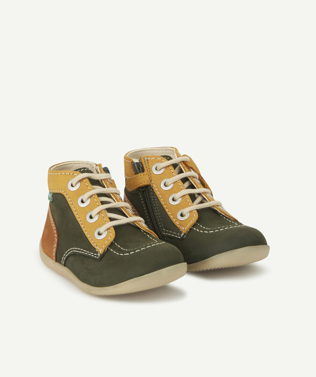 KICKERSBOTTINES BÉBÉ EN CUIR KAKI CAMEL AVEC LACET ET ZIP