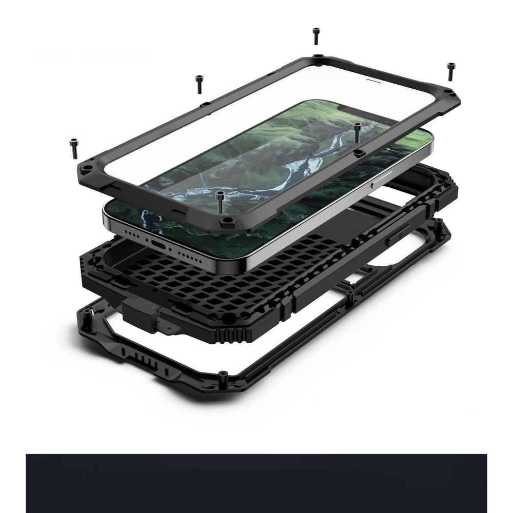 iPhone 12 / iPhone 12 Pro Spritzwasserfeste Hybrid Silikon Metall Outdoor Case Hülle   Panzerfolie - Schwarz