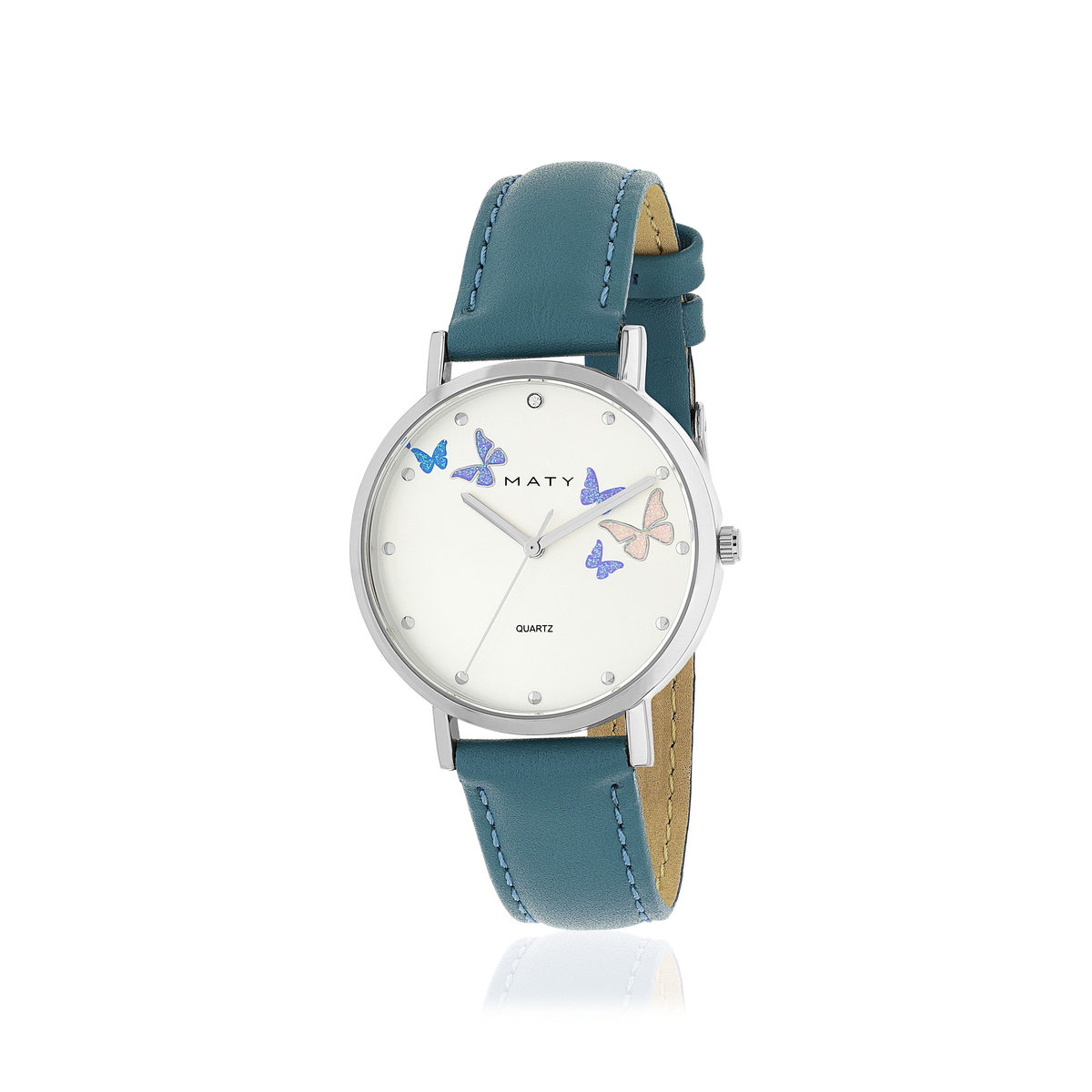 Montre femme chromée bracelet cuir bleu pétrole