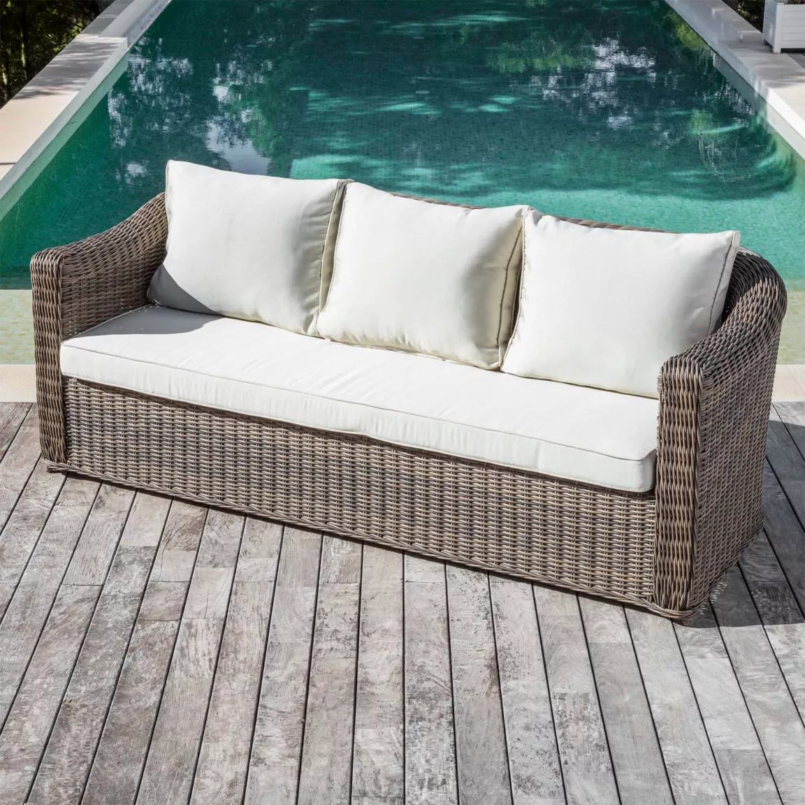 Canapé de jardin en résine tressée 3 places Calvi Sépia et beige