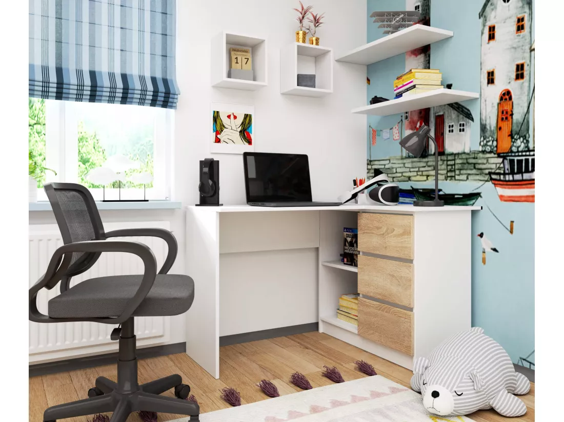 Bureau AKORD d'angle droit B16 Blanc 124 cm 3 tiroirs façade Chêne Sonoma 2 étagères 124x85x77 cm