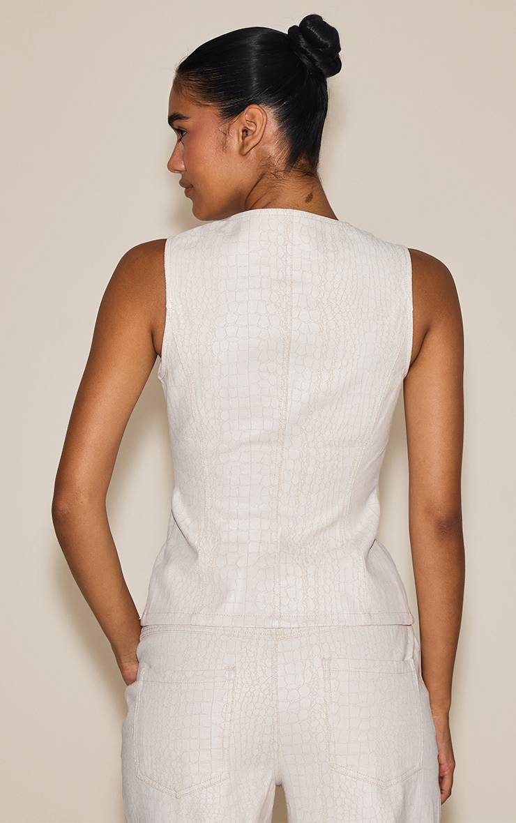 Crème Gilet Long En Denim Enduit Imprimé Synthétique Col Rond