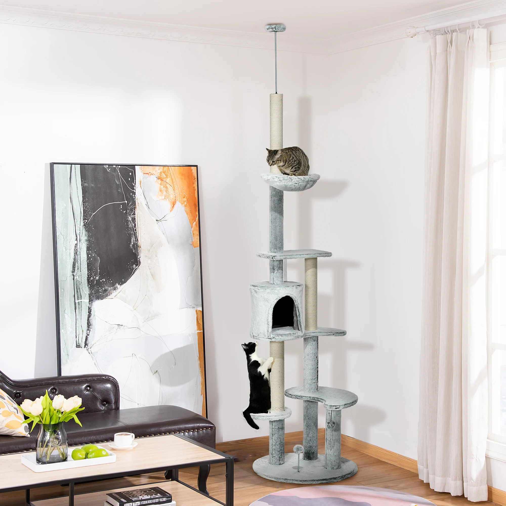 Árvore para gatos PawHut do chão ao teto, torre ajustável em altura de 225 a 255 cm com caverna, plataformas, rede, postes para arranhar e bolas penduradas, Ø60x225-255 cm, cinza