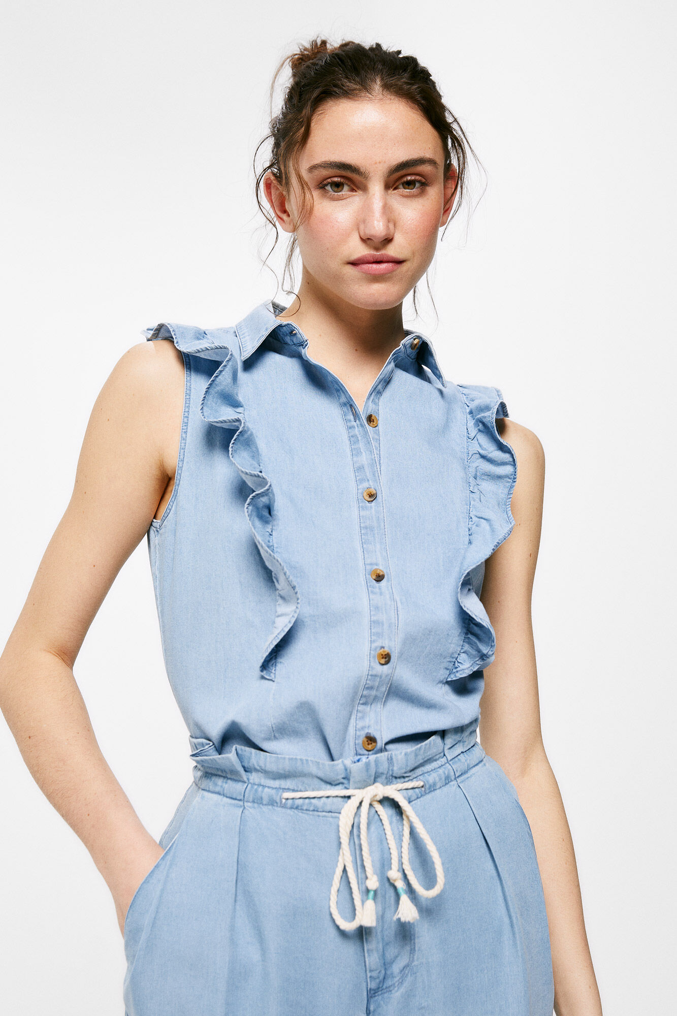 Blusa jeans com babados - Azul médio