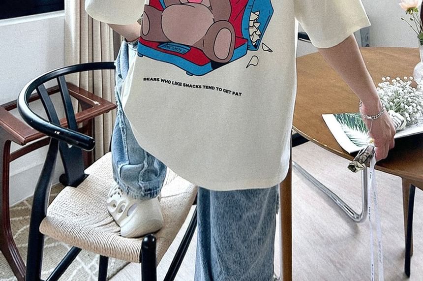SeoulPop - T-shirt met korte mouwen en berenprint, losvallend
