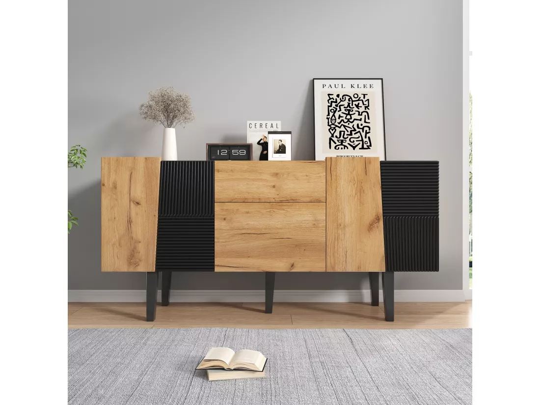Buffet avec 4 portes et 2 tiroirs, meuble TV - 140 x 40 x 70 cm - Panneaux de particules et pieds en bois massif - Chêne