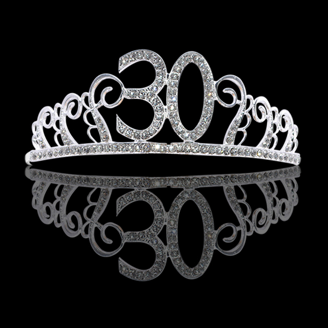 (Ø12cm) Glitzer Birthday Party Krone 30. Geburtstag Diadem Accessoire mit Strasssteinen - Silber