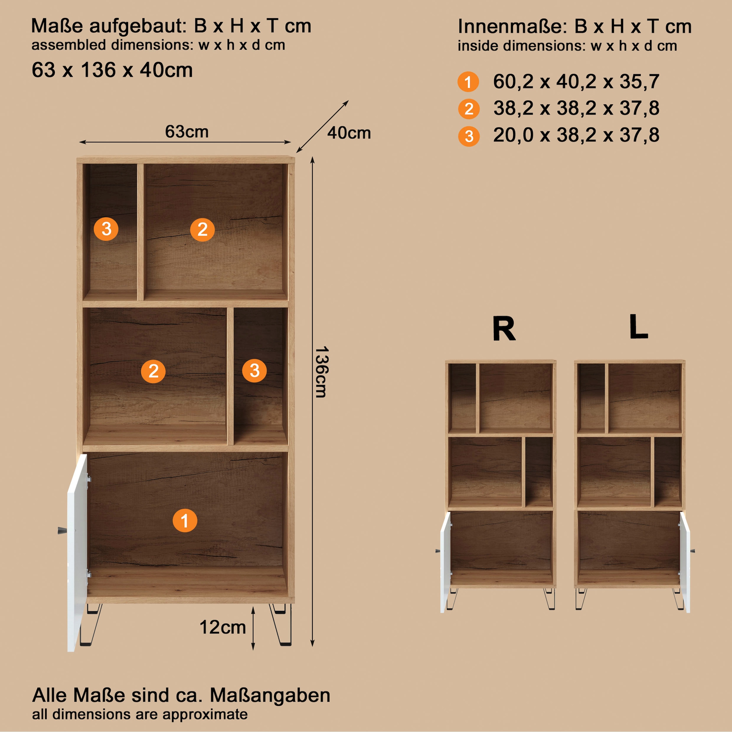 PLACES OF STYLE Stauraumregal »Tarragona« 1 Stk. tlg. Regal mit 1 Tür & 4 offenen Fächern - (B/T/H) 63/40/136 cm
