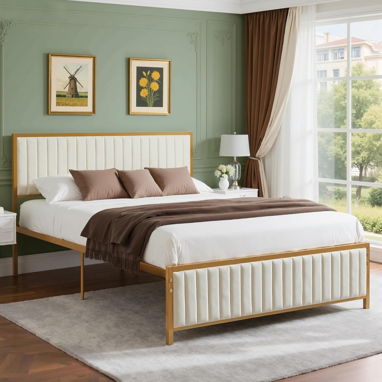 VECELO Bettgestell 140 x 200 cm, Metallbett Doppelbett mit Gepolstertem Kopf- und Fußteil, Bettrahmen mit Lattenrost, 32cm Höhe unter dem Bett, Kein Boxspring Erforderlich, Beige