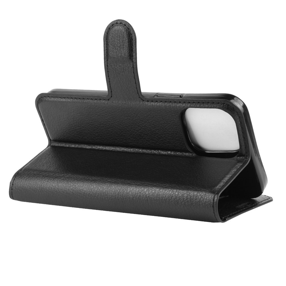 iPhone 12 / iPhone 12 Pro Leder Tasche Flip Cover Litchi Look - Schwarz
