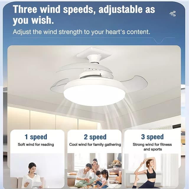 Loftsventilator E27 Ventilator Loftslys med fjernbetjening APP kontrol 3 hastigheder dæmpbar