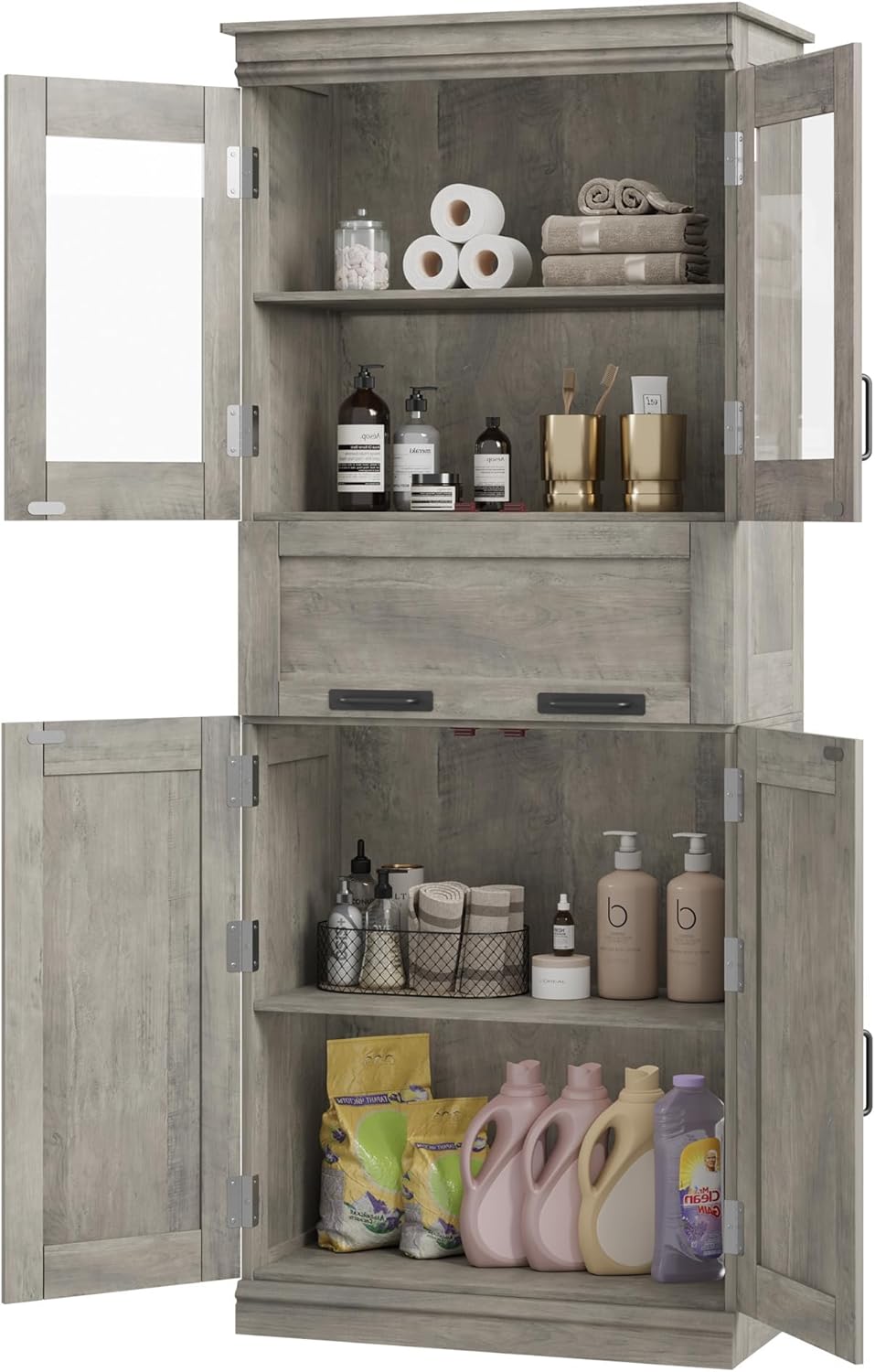 Litake 170cm Großer Badezimmerschrank mit 4 Türen, Freistehender Aufbewahrungsschrank mit Glastüren und verstellbaren Regalen und Schubladen Schrank für Küche Speisekammer Wohnzimmer (Grau)