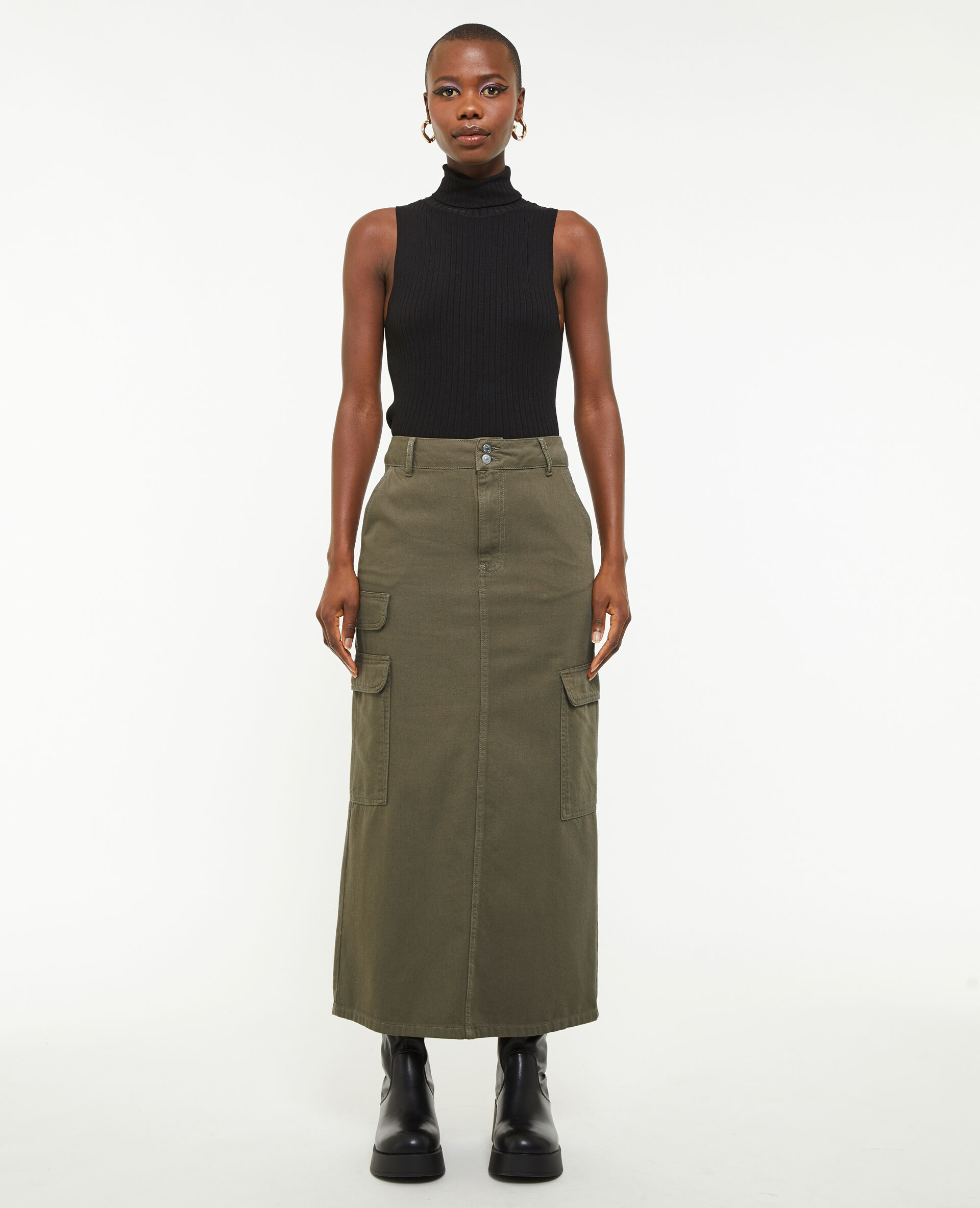 Jupe longue cargo en toile - Vert kaki