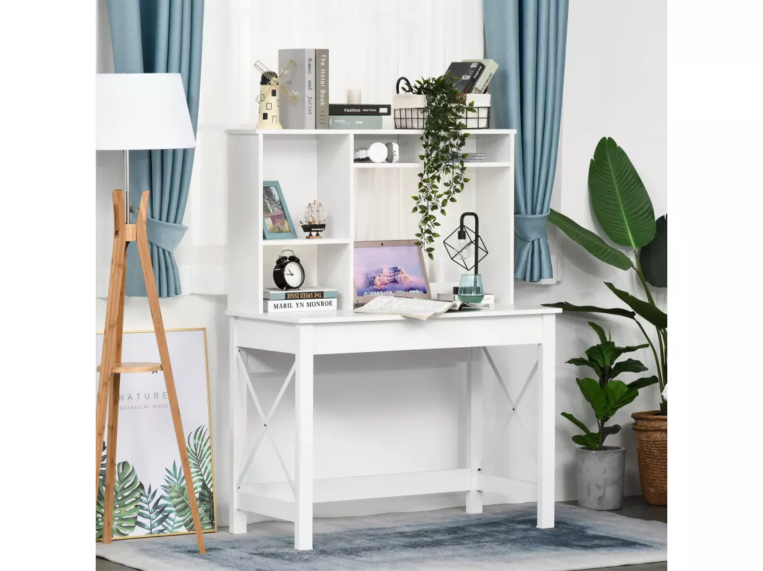 Bureau bibliothèque 2 en 1 - 3 niches 4 espaces de rangement - panneaux particules métal blanc